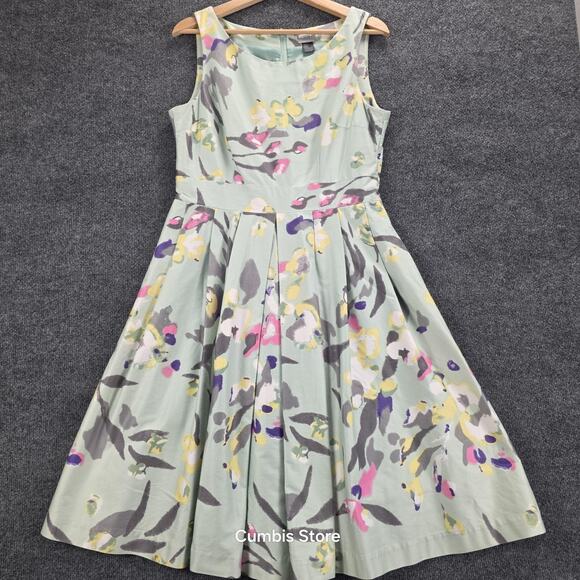 H&M Dress Womens 12 Green Floral Fit & Flare Pleated Lined Sleeveless Back Zip - Picture 1 of 11